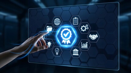 Digital Certification Interface with Business Icons and Futuristic Touchscreen Display