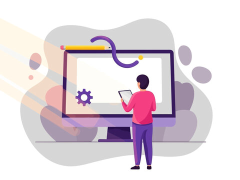 A person standing in front of a computer screen with a gear icon and a colorful snake