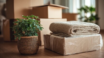Several cardboard boxes, some stacked, along with a potted plant and folded blanket. The scene suggests a home interior with light and shallow depth of field