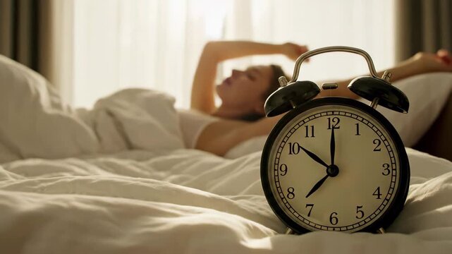 Alarm clock showing 700 am next to a person stretching in bed at sunrise, morning routine concept, 4k high quality video