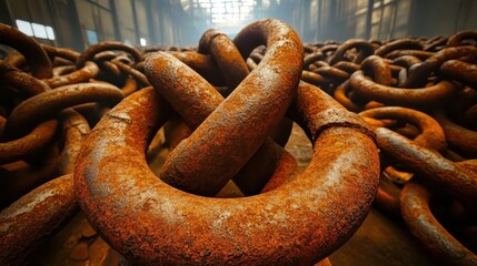 Close up of thick rusty iron chains with fused links in an industrial setting