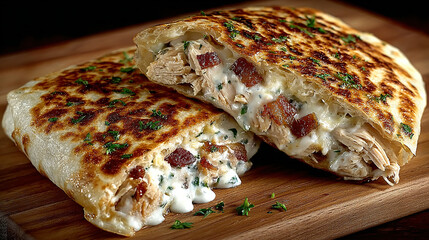 Golden-brown stuffed flatbread filled with chicken, bacon, herbs, and creamy sauce.