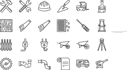 Vector line icon set for construction, home repair, renovation, tools, hardware, and building, including hammer, saw, helmet, and plumbing symbols. © Ershad