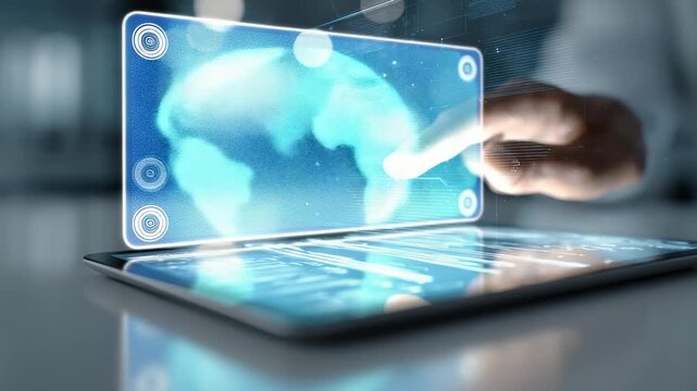 Close up of a hand using a tablet with holographic digital elements, symbolizing advanced technology and user interaction. The scene conveys progress in digital transformation and smart devices
