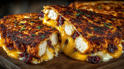 Crispy fried chicken sandwich with melted cheese and bacon filling.