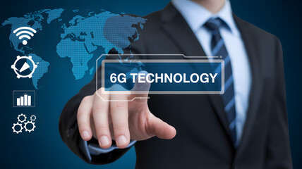 Businessperson activates 6g technology interface with world map and icons, visualizing future network innovation ,data analysis, and digital communication