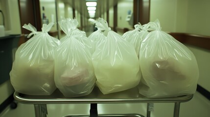 Collection of clear plastic specimen bags holding prepared food items on a hospital tray