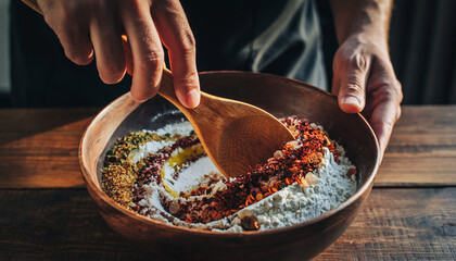 Chef hands mixing dry ingredients in a wooden bowl for baking