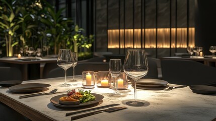 Elegant fine dining table with candles and gourmet food setting