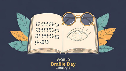 World braille day january 4 illustration with open book, braille text, eyeglasses, and eye drawing
