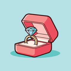 Open pink ring box with a sparkling gold diamond engagement ring.