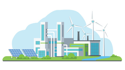 Modern renewable energy factory illustration with wind turbines solar panels and eco industrial buildings showing clean power sustainability and green technology