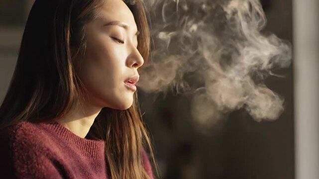 Pensive young woman finds solace exhaling smoke in soft sunlit moment
