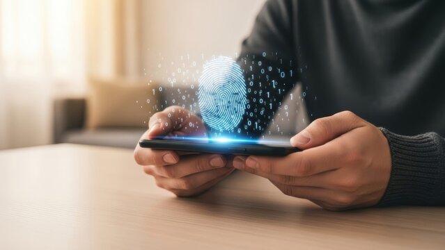 Person using a smartphone to access data with advanced biometric fingerprint scanning technology, symbolizing secure digital authentication and modern mobile device protection - Powered by Adobe