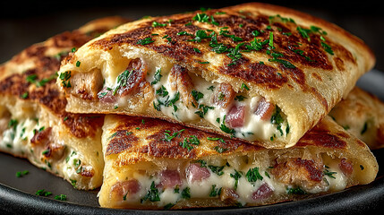 cheesy stuffed bread with ham and herbs, crispy exterior and gooey interior.