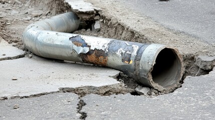 Damaged metal pipe showing corrosion and structural failure