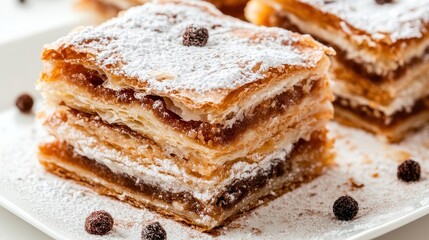 Close up view of a French pastry with powdered sugar