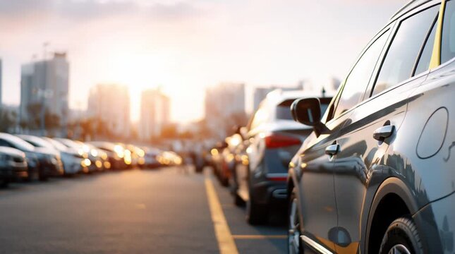 
Car parked at outdoor parking lot. Used car for sale and rental service. Car insurance background. Automobile parking area

