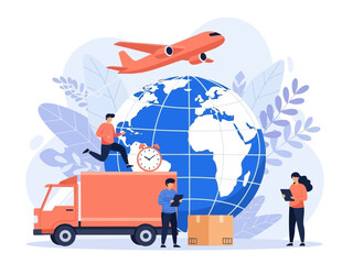 Global shipping and logistics with airplane and truck on a world map