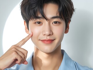 肌を指さす清潔感のある若いアジア人男性のスキンケアイメージ