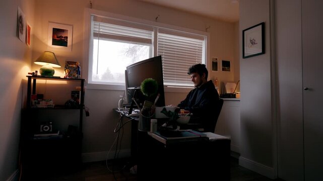 Static shot of a man sitting at his desk working on a computer in a home office, with window blinds mostly closed and warm artificial lighting
