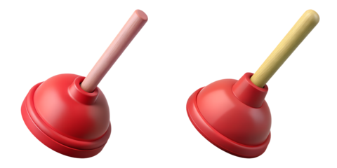 Two red 3D plunger icons with wooden handles, isolated on a transparent background, representing plumbing services, home maintenance tools, repair equipment, and bathroom sanitation solutions