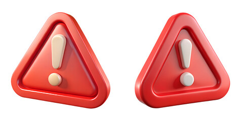 Two red 3D triangular warning icons with white exclamation marks on a transparent background, representing security alerts, urgent notifications, safety hazards, and system error messages
