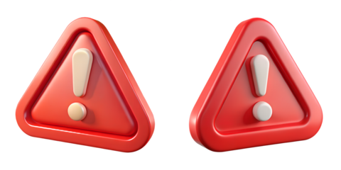 Two red 3D triangular warning icons with white exclamation marks on a transparent background, representing security alerts, urgent notifications, safety hazards, and system error messages