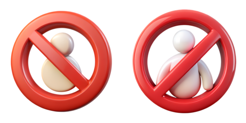 Two red prohibited 3D icons featuring a neutral human figure behind a strike-through circle, on a transparent background, representing access denied, restricted areas, or "no entry" safety warnings