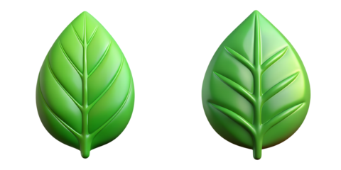 Two vibrant green 3D leaf icons on a transparent background, representing nature, sustainability, environmental awareness, eco-friendly lifestyle, organic growth, and conservation