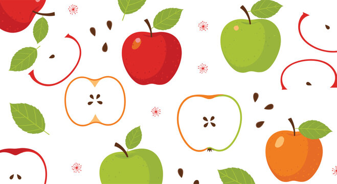 Seamless pattern with colorful red and green apples slices leaves and seeds on white background for kitchen textile wallpaper and food packaging design