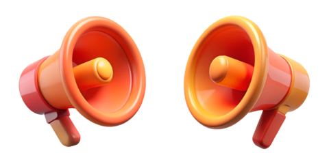 Two vibrant orange 3D megaphone icons, isolated on a transparent background, representing digital marketing, announcements, social media alerts, and public communication solutions