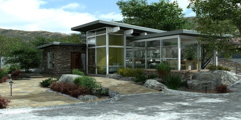 Modern, single-story dwelling with glass walls, stone facade, and lush landscaping