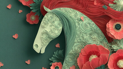 Artistic paper cut-out horse surrounded by colorful paper flowers and butterflies.
