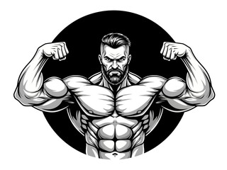 Muscular man flexing his arms in a powerful pose with a beard and tattoos