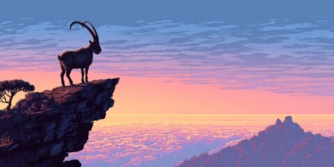 A lone ibex stands on a cliff, gazing at a sunset over a sea of clouds, with mountains