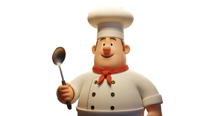 Friendly 3D Cartoon Chef Character Holding a Spoon Isolated on transparent Background