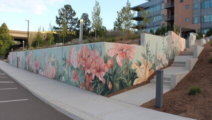 A floral mural on a retaining wall beside a walkway and building, bathed in late day light