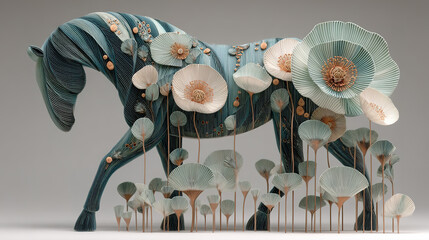 Artistic sculpture of a horse surrounded by stylized flowers and plants.