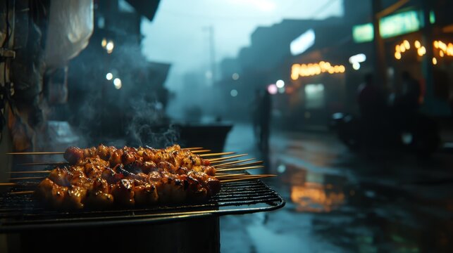Kebabs grilling on a street vendor's stall in an urban environment