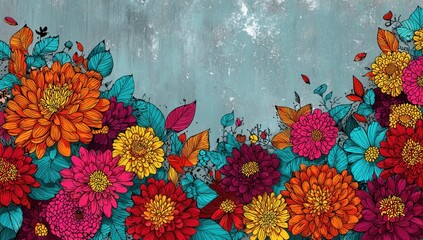 A vibrant floral arrangement with bright colors, against a textured pale blue background
