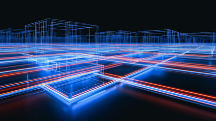 An abstract digital cityscape built with glowing blue and orange lines against a dark background, representing the complex network of modern technology.