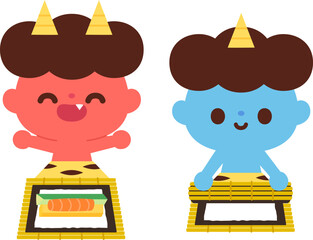 恵方巻を作る赤鬼と青鬼