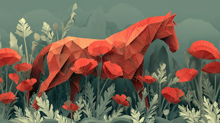 stylized geometric horse surrounded by red flowers and lush greenery