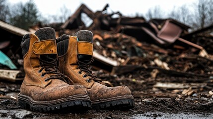 Pair of worn brown leather work boots with heavy duty soles placed on the ground with debris and industrial machinery in the background