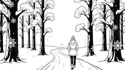 Person walking alone on snowy forest path in winter landscape
