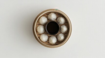 Overhead Shot of Dim Sum Dumplings with Dipping Sauce