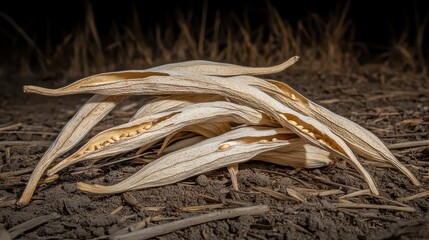 Pile of flattened desiccated seed pods with exposed seeds resting on dry soil with dark background and visible textures