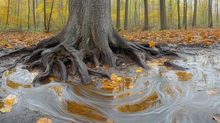 Large tree with exposed roots in muddy swirling water
