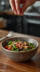 Chef Sprinkling Salt or Parmesan Cheese onto a Nutritious Kale and Tomato Salad with Crunchy Croutons in a Rustic Bowl